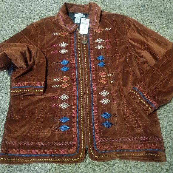 Coldwater Creek Embroidered Brown Velvet Zip Up Jacket - Picture 1 of 5